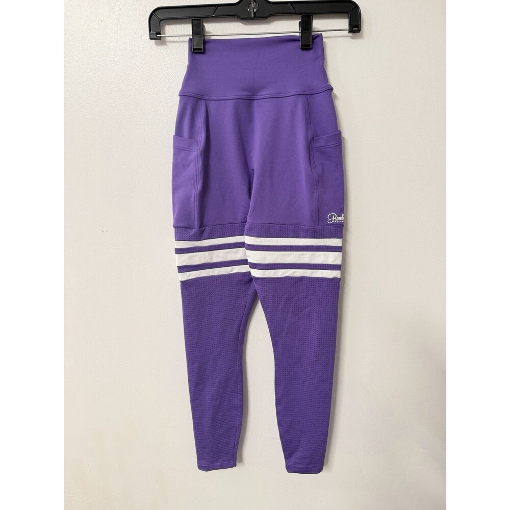 Bombshell Sportswear Purple High Rise Pocket Leggings XS Thigh Stripe Compressio - Picture 2 of 11